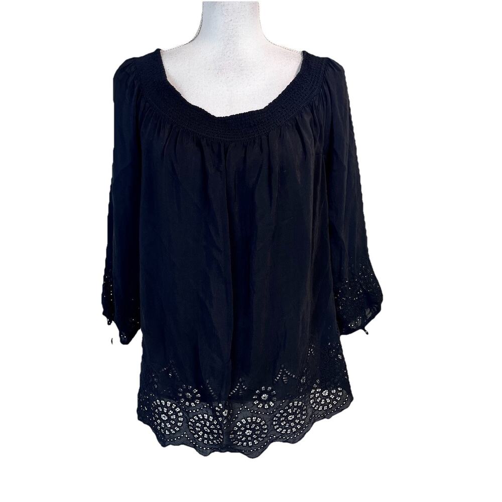 Lucky Brand Blouse Top size Large Off Shoulder Eyelet Smocking Peasant Boho
